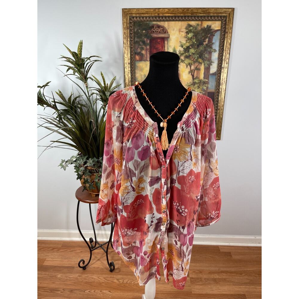 Avenue Blouse Women's‎ Plus 22/24 Sheer Chiffon Floral Romantic Whimsical Preppy
